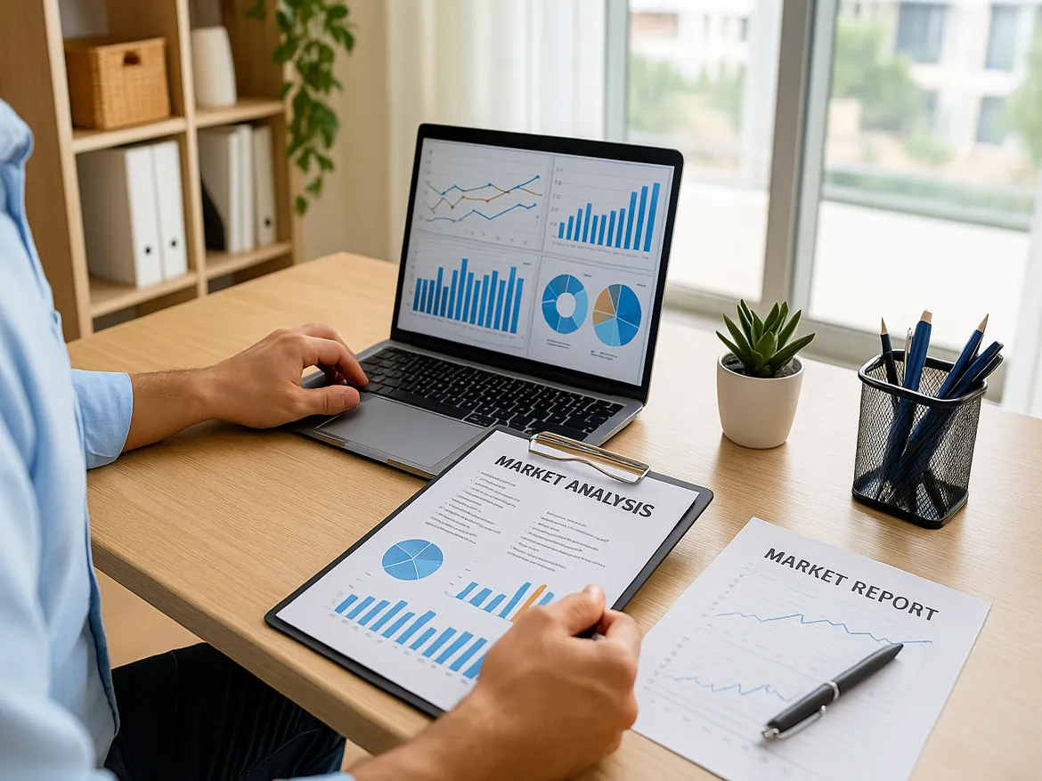 Person analyzing market report on laptop.