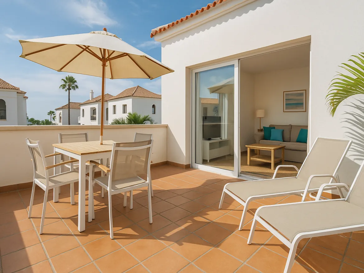 Sunny patio with chairs and umbrella, modern decor inside.