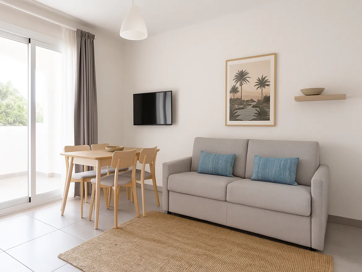 Modern living room with sofa and dining table.