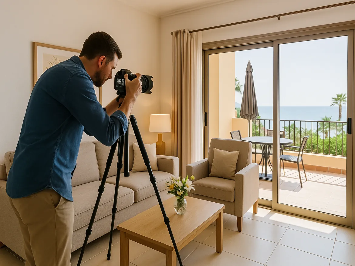 Photographer capturing room with ocean view