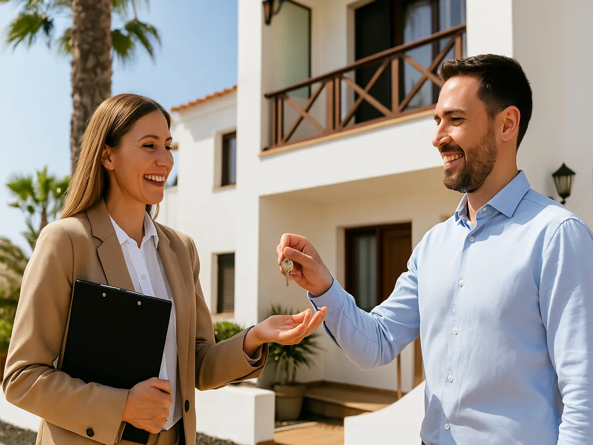 Real estate agent handing keys to client.