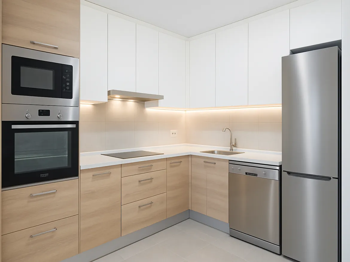Modern kitchen with wood cabinets and stainless appliances.
