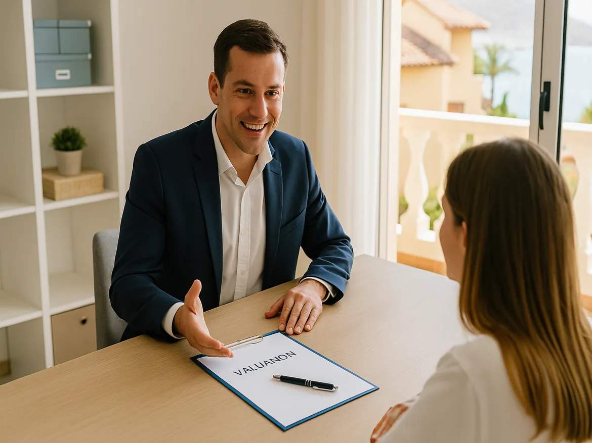 Man discussing valuation with woman at desk.