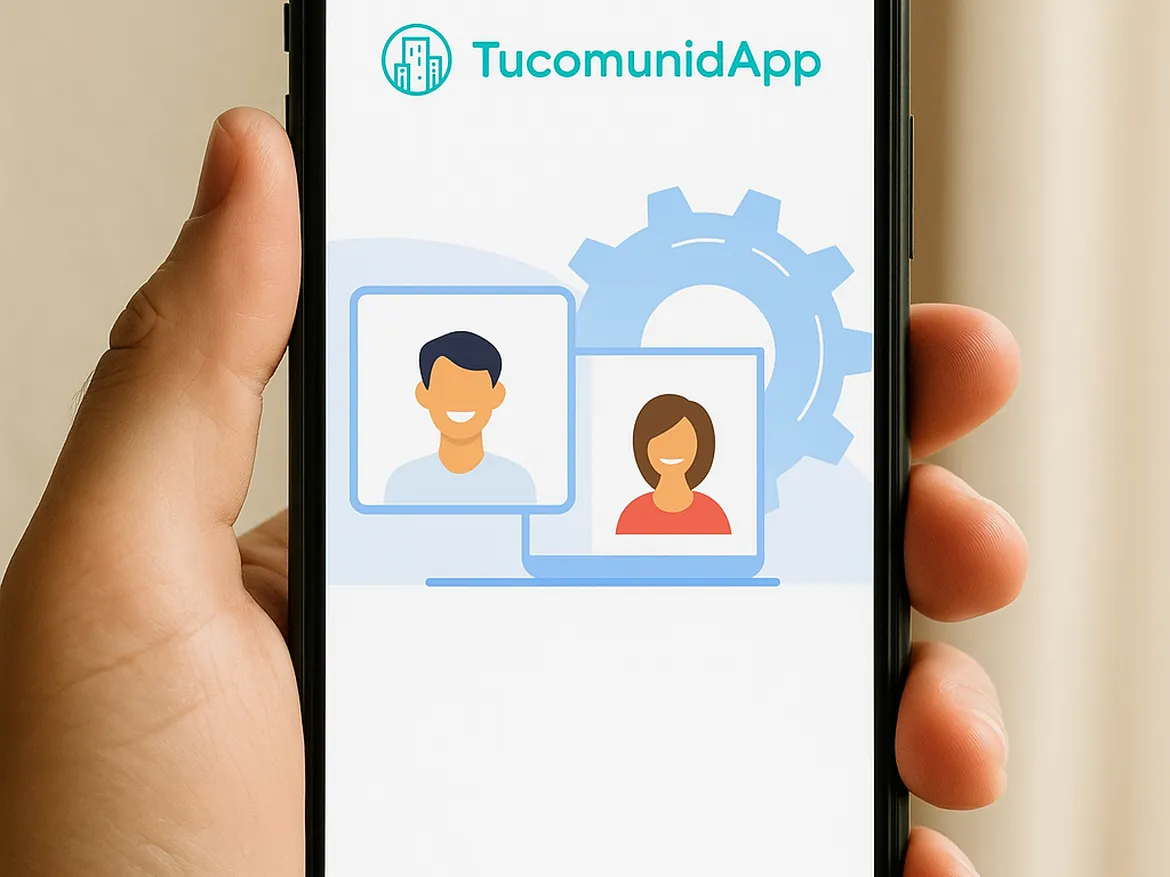 TucomunidApp interface on smartphone display.
