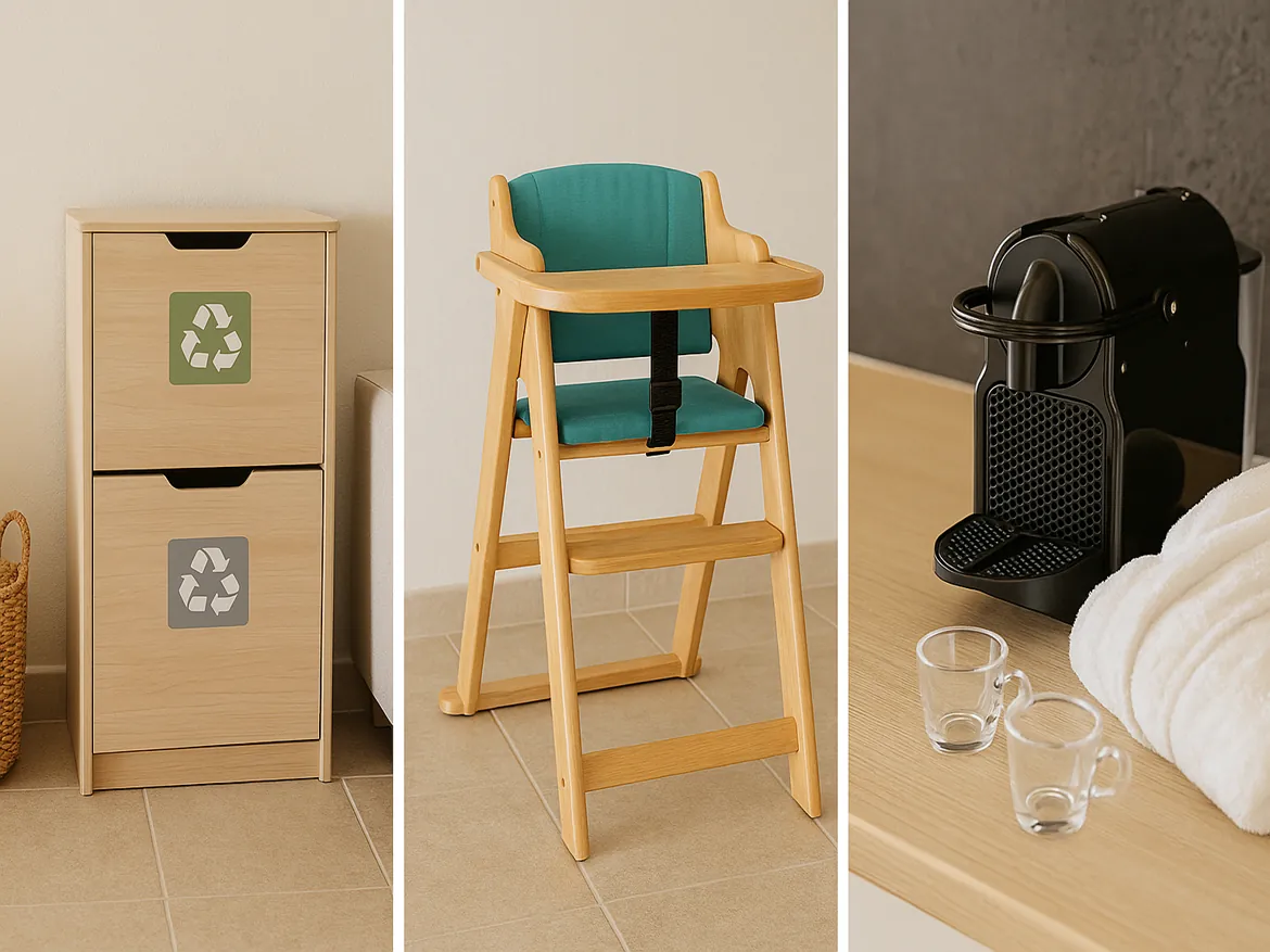 Recycling bin, high chair, and coffee maker arrangement.