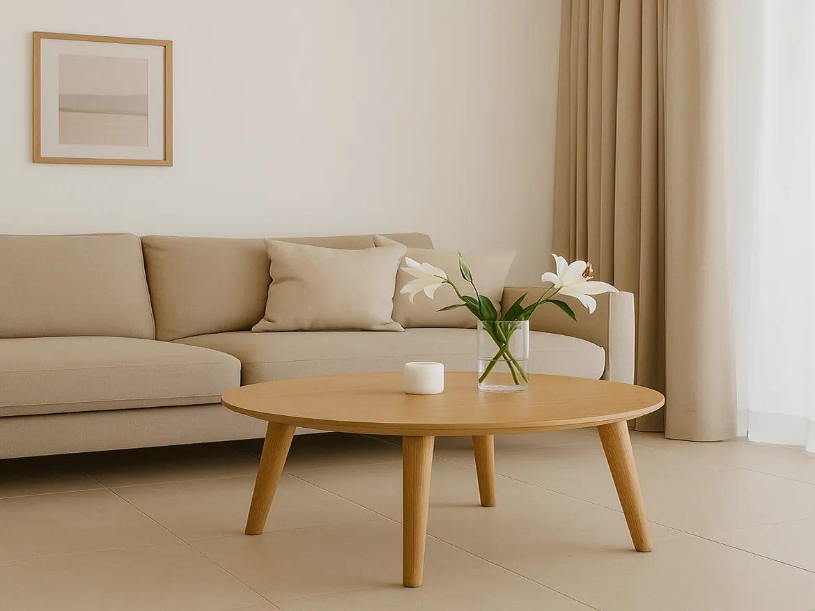 Minimalist living room with beige sofa, round table.